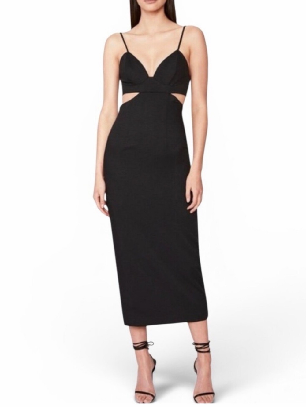 Bardot Black Side Cutout Midi Evening Dress with Spaghetti Straps (XS)